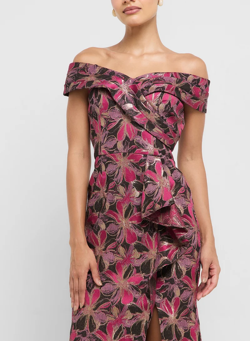 Adrianna Papell Off Shoulder Jacquard Gown