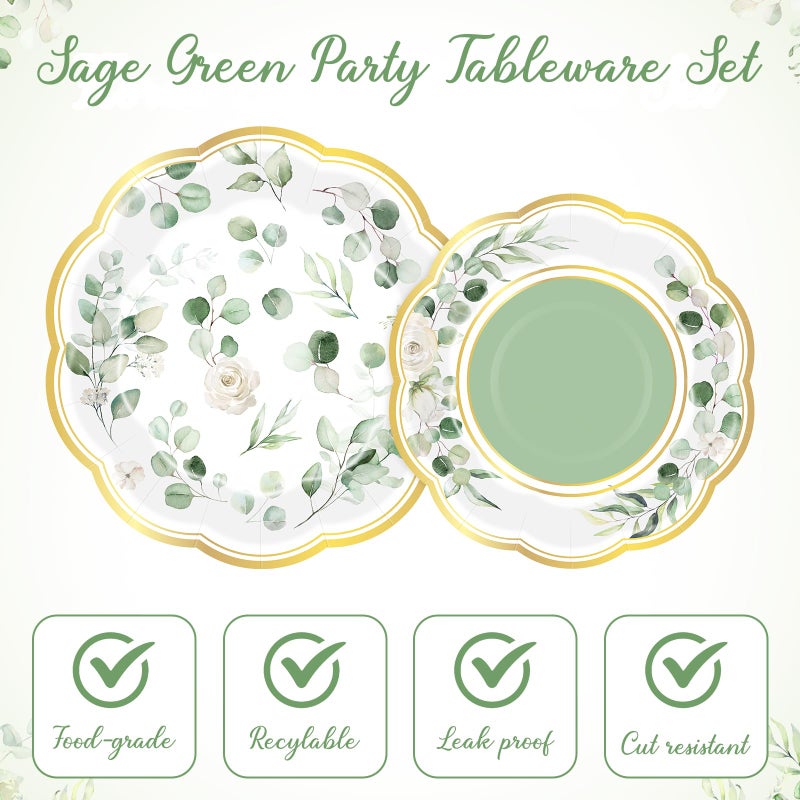 Funnymoom 60 Pcs Eucalyptus Greenery Paper Plates 9 in and 7 in Sage Green Dessert Party Plates with Gold Rim Disposable Floral Shape Tableware for Wedding Birthday Party Baby Shower Bridal Shower - Image 1