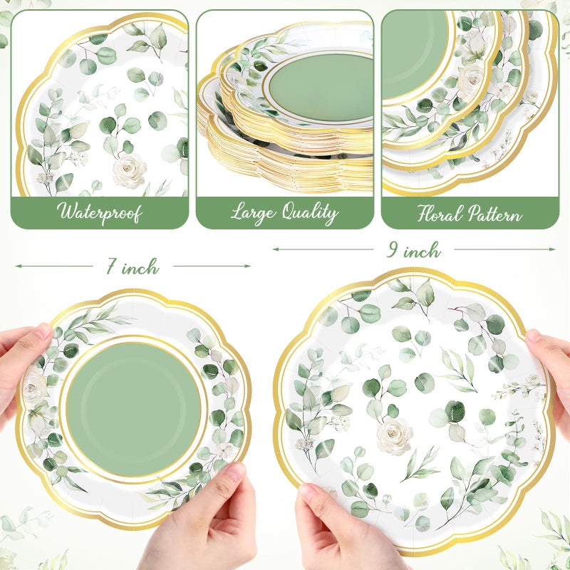 Funnymoom 60 Pcs Eucalyptus Greenery Paper Plates 9 in and 7 in Sage Green Dessert Party Plates with Gold Rim Disposable Floral Shape Tableware for Wedding Birthday Party Baby Shower Bridal Shower - Image 2