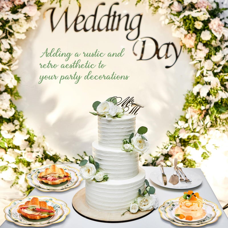 Funnymoom 60 Pcs Eucalyptus Greenery Paper Plates 9 in and 7 in Sage Green Dessert Party Plates with Gold Rim Disposable Floral Shape Tableware for Wedding Birthday Party Baby Shower Bridal Shower - Image 3