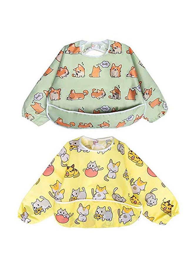 Little Dimsum - Full Sleeved Feeding Bib 2 Packbaby & Toddler Waterproof Bib Apronfood Protection Large Pocket Eating Smock 648 Months (Little Puppylittle Cat) - Image 1