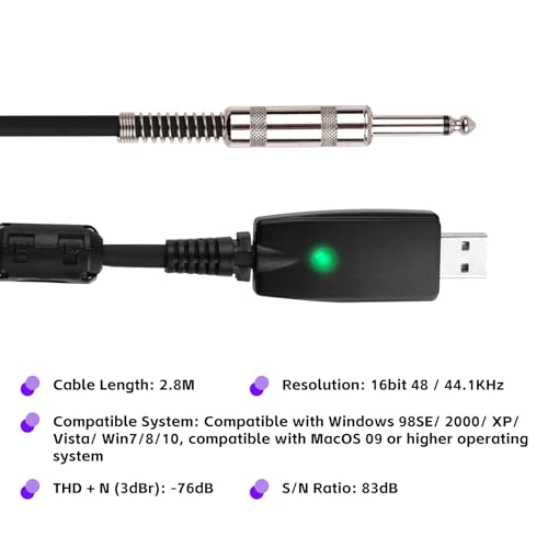 lvifloae USB to 6.35mm Instrument Cable 2.8m, 16bit 48kHz Guitar Link Cable for PC Laptop, Plug and Play No Driver Needed, for Electric Guitar Bass Recording Practice with Recording Software - Image 2