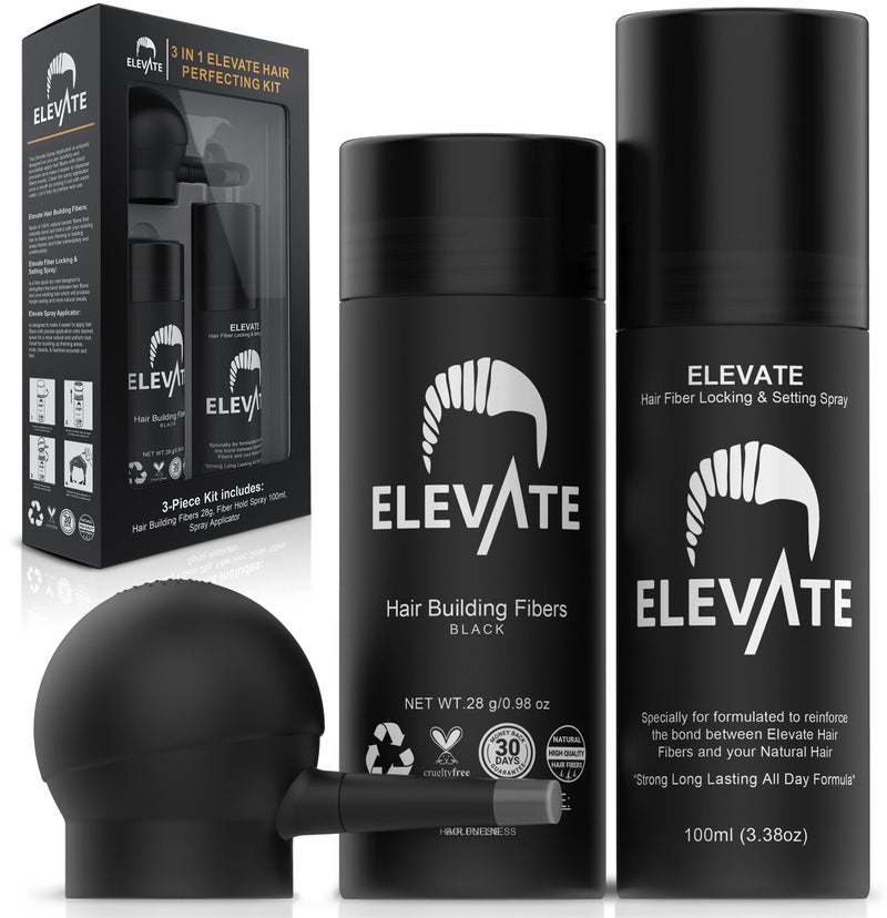 ELEVATE Hair Perfecting 3-in-1 Kit Set Includes Natural Hair Thickening Fibers & Spray Applicator Pump Nozzle & Locking Setting Hold Spray | Instantly Conceal Balding and Thinning Areas (Black) - Image 1