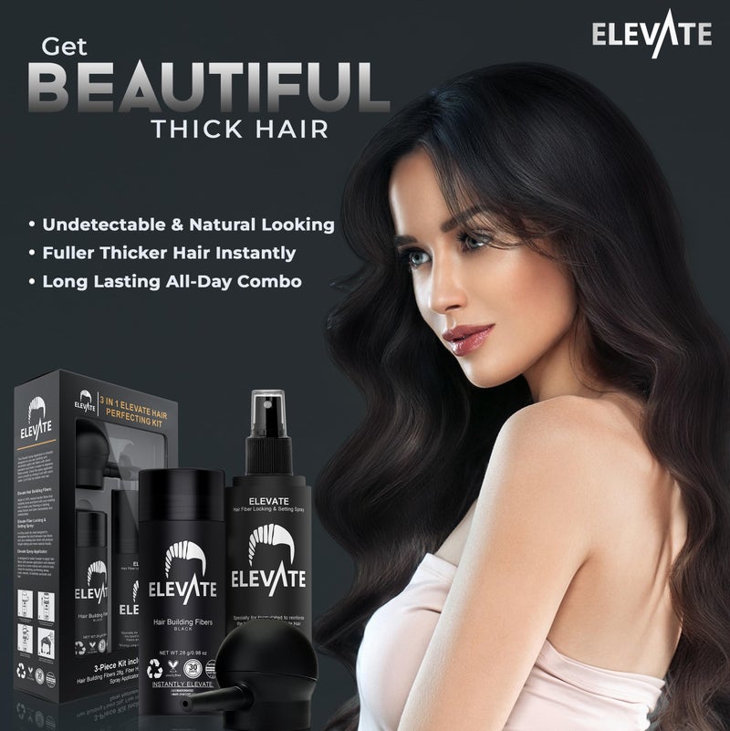 ELEVATE Hair Perfecting 3-in-1 Kit Set Includes Natural Hair Thickening Fibers & Spray Applicator Pump Nozzle & Locking Setting Hold Spray | Instantly Conceal Balding and Thinning Areas (Black) - Image 2