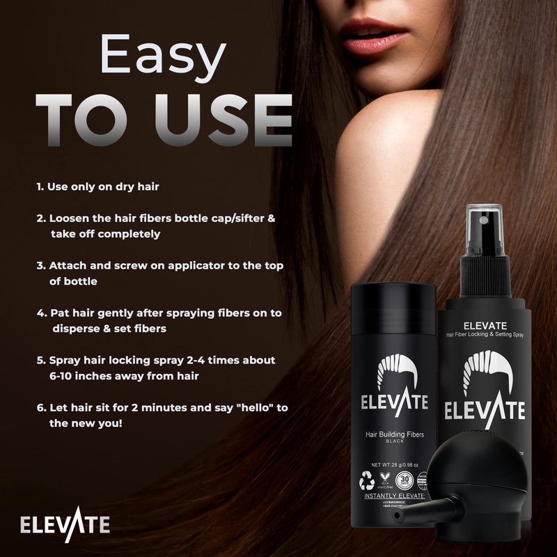 ELEVATE Hair Perfecting 3-in-1 Kit Set Includes Natural Hair Thickening Fibers & Spray Applicator Pump Nozzle & Locking Setting Hold Spray | Instantly Conceal Balding and Thinning Areas (Black) - Image 5