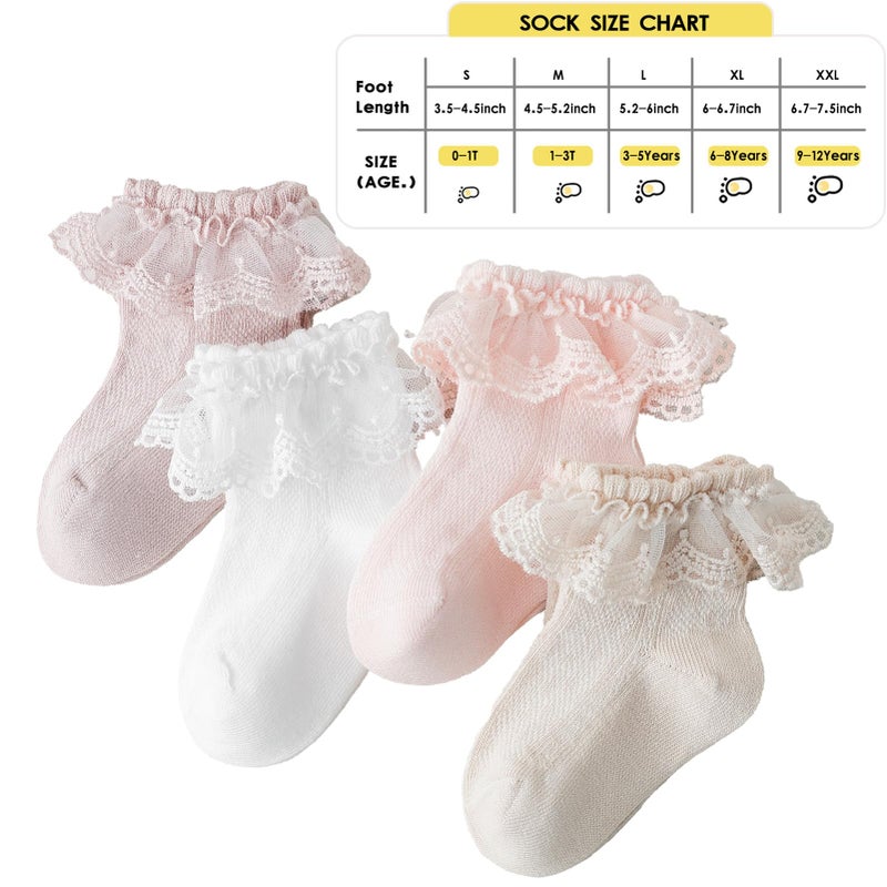 Zumou Toddler Lace Socks Girls Ruffle Eyelet Frilly Princess for Baby Little Kids(3-5T, B Assorteds 4 pairs) - Image 5