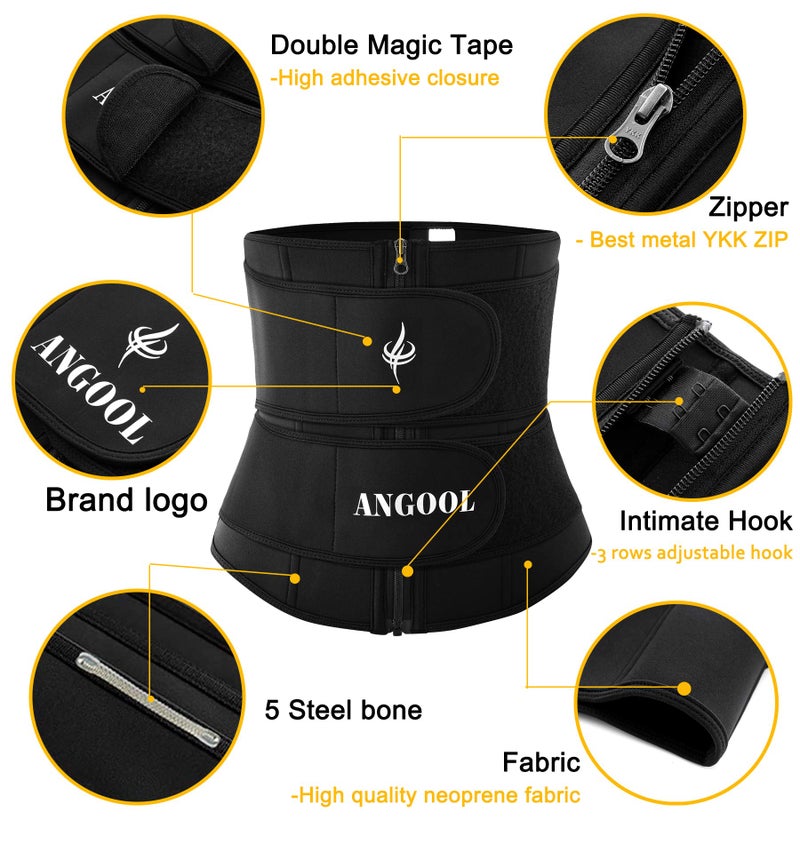 ANGOOL Neopren Waist Trainer For Women,Workout Plus Size Trimmer Belt Sauna Sweat Corset Cincher With Zipper Black - Image 2