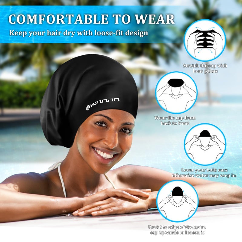 Kwanan Extra Large Silicone Swim Cap for Long Hair and Protective Stylesâ€“Waterproof Anti-Slip Swimming Cap for Men and Women with Dreadlocks, Weaves, Extensions, Braids, Curls and Afrosâ€“Keep Hair Dry - Image 4