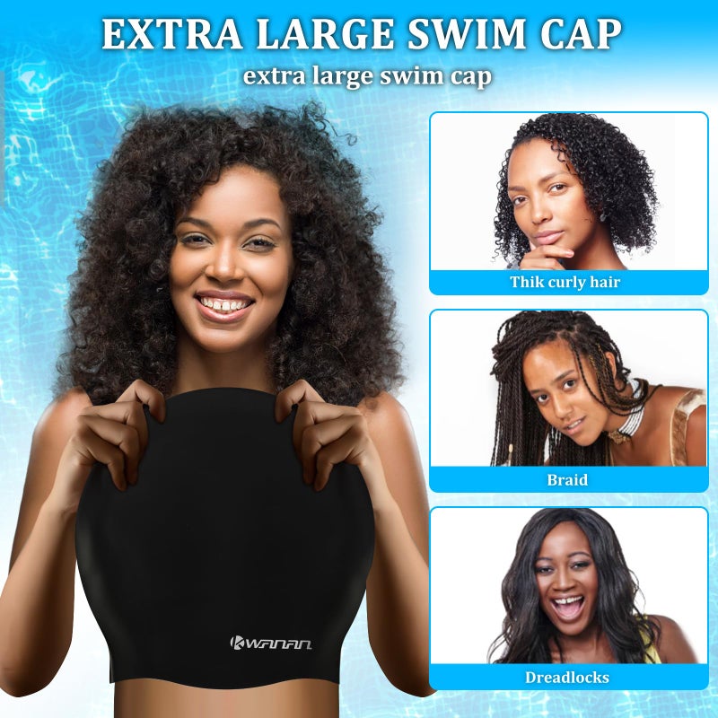Kwanan Extra Large Silicone Swim Cap for Long Hair and Protective Stylesâ€“Waterproof Anti-Slip Swimming Cap for Men and Women with Dreadlocks, Weaves, Extensions, Braids, Curls and Afrosâ€“Keep Hair Dry - Image 3