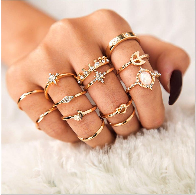 Sither 13 Pcs Women Rings Set Knuckle Rings Gold Bohemian Rings Vintage Gem Crystal Rings Joint Knot Ring Sets for Teens Party Daily Fesvital Jewelry Gift(style3) - Image 2