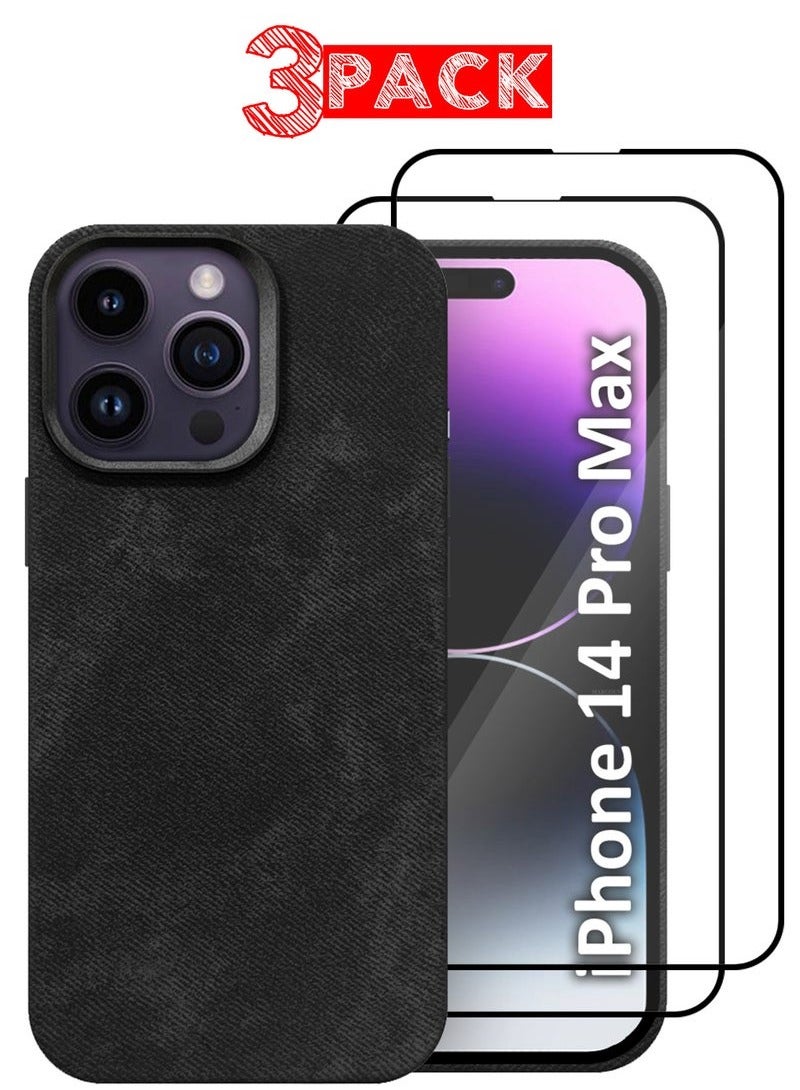 CATANES 3Packs iPhone 14 Pro Max Alcantara Case Cover Premium Quality Luxurious Soft Touch Protection with Metal Camera Frame with Two 3D Screen Protectors - Black - Image 1