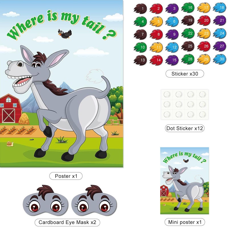 ASTARON Pin The Tail on The Donkey Game with 30 Tail Stickers for Birthday Party Carnival Circus Supplies - Image 3