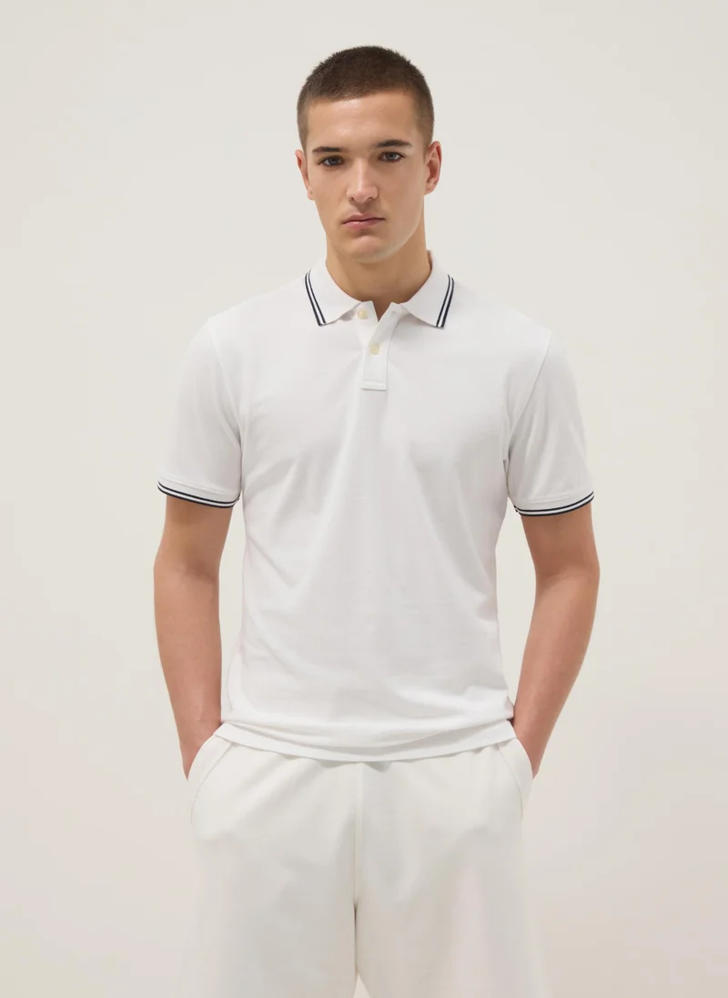 او في اس OVS White Stretch Cotton Polo Shirt, Regular Fit