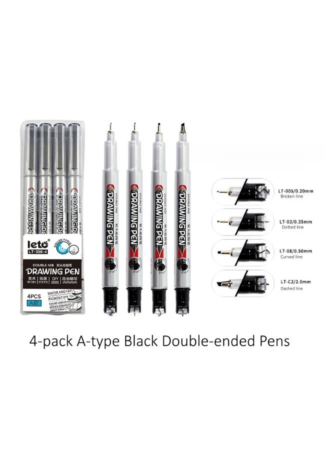 Leto A-Series Black Dual-Tip Comic Pen Set of 4 Curve, Fold, Dot, and Dashed Line Pens - Image 1