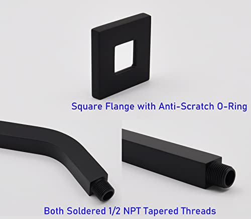 Aquaiaw Square Shower Arm and O-Ring Flange, 6 inch, Solid Brass, Both Soldered 1/2 NPT Tapered Threads, Matte Black Wall Mount Shower Arm Extension with Escutcheon, for Rainfall Shower Head Max. 10" - Image 3