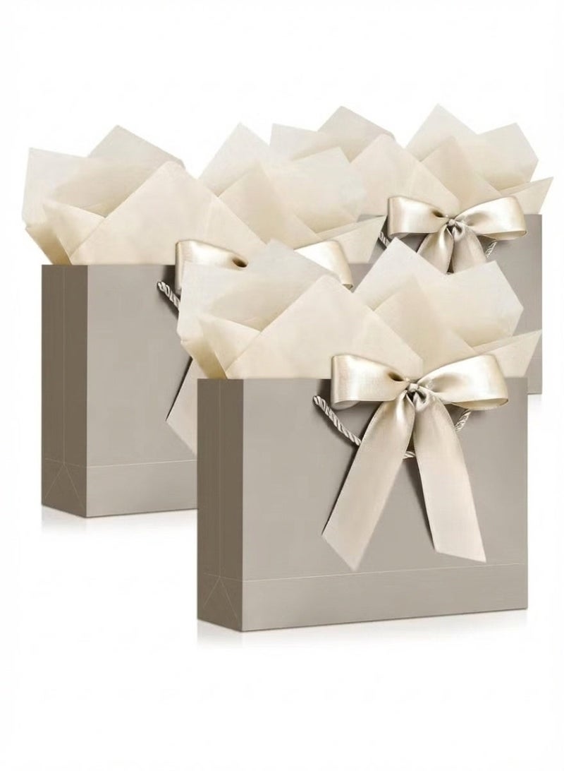 Neox 3 Pcs Large Gift Bags, Paper Bags with Ribbon, Greeting Cards and Tissue Paper, Portable Party Bags with Handles, Birthday Gift Bags, Present Bags for Wedding Party, Party Supplies(Champagne Color) - Image 1