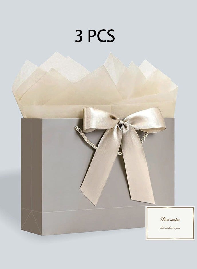 Neox 3 Pcs Large Gift Bags, Paper Bags with Ribbon, Greeting Cards and Tissue Paper, Portable Party Bags with Handles, Birthday Gift Bags, Present Bags for Wedding Party, Party Supplies(Champagne Color) - Image 2