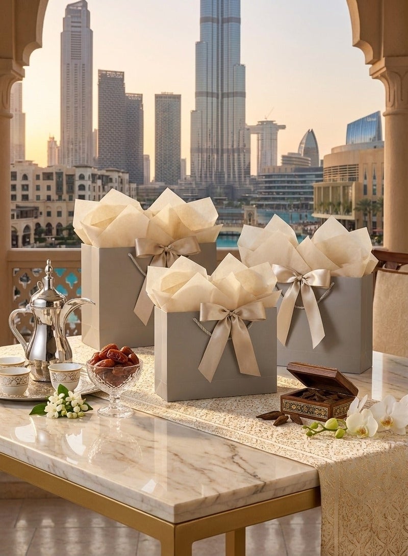 Neox 3 Pcs Large Gift Bags, Paper Bags with Ribbon, Greeting Cards and Tissue Paper, Portable Party Bags with Handles, Birthday Gift Bags, Present Bags for Wedding Party, Party Supplies(Champagne Color) - Image 3