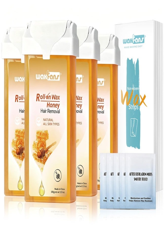 Waxfans Roll On Wax Refill,Waxing Roller Refill for Hair Removal,100% Natural,Quick Melting - For Coarse and Fine Hairs.with 3.53 Ounce(Pack of 4 Honey Wax Rollers, 50 Strips（Yellow - Image 1