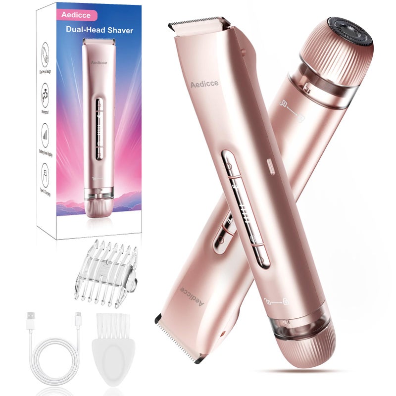 Aedicce Bikini Trimmer for Women 2 in 1, Dual Head Womens Electric Shaver, Electric Razors for Pubic Hair, IPX7 Waterproof Rechargeable Facial Hair Removal for Shaving Underarm Leg Arm Body Face, Rose Gold - Image 1