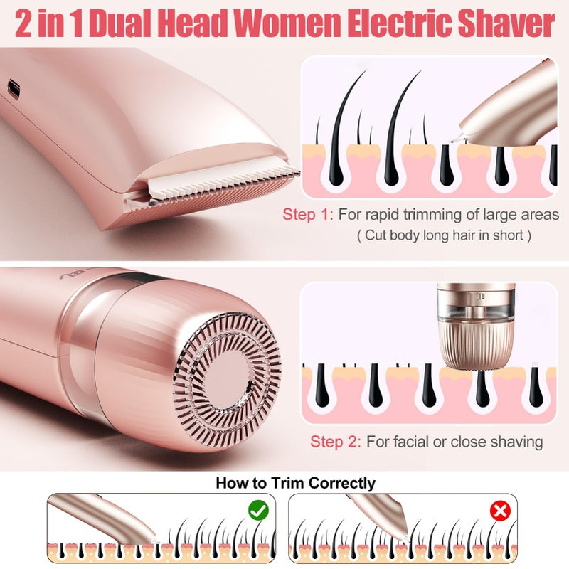 Aedicce Bikini Trimmer for Women 2 in 1, Dual Head Womens Electric Shaver, Electric Razors for Pubic Hair, IPX7 Waterproof Rechargeable Facial Hair Removal for Shaving Underarm Leg Arm Body Face, Rose Gold - Image 3