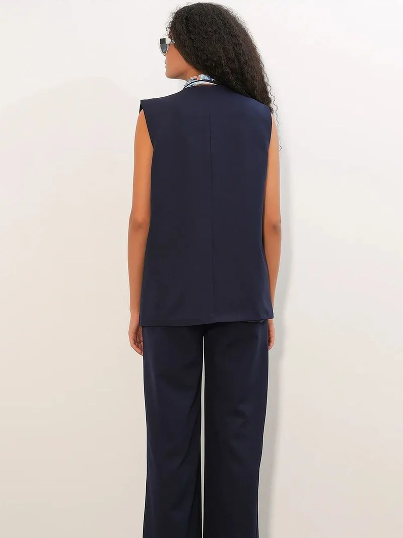 Big Dart Navy Blue BDART Long V-Neck Buttoned Smart Waistcoat for Women | Best Price UAE