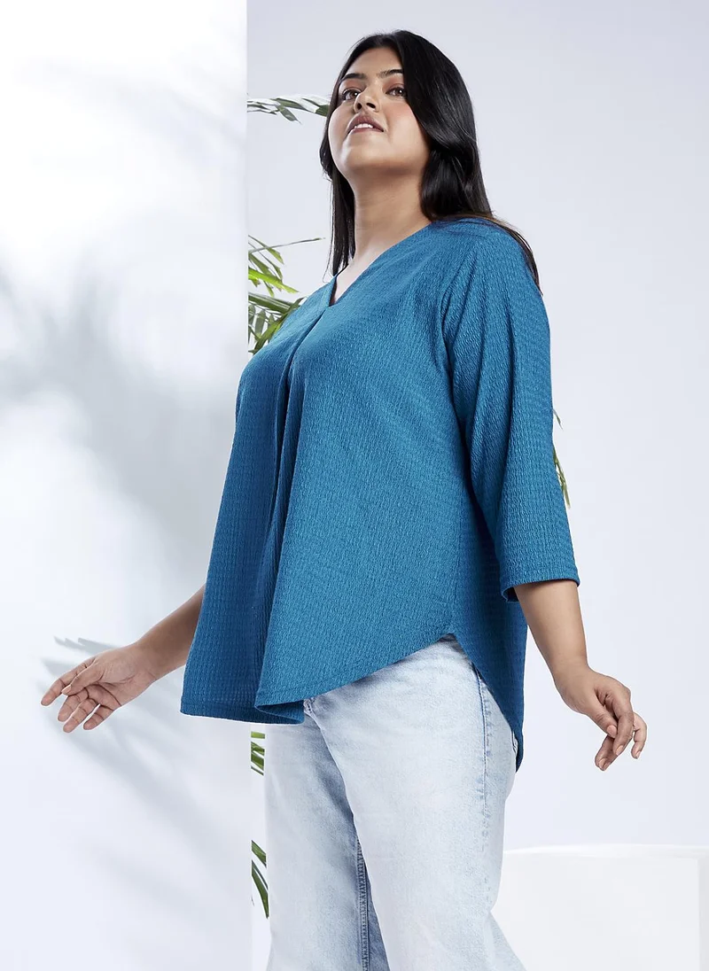 globus Globus Gloplus Women Blue V-Neck Self Design Curved Hem Plus Size Workwear Top