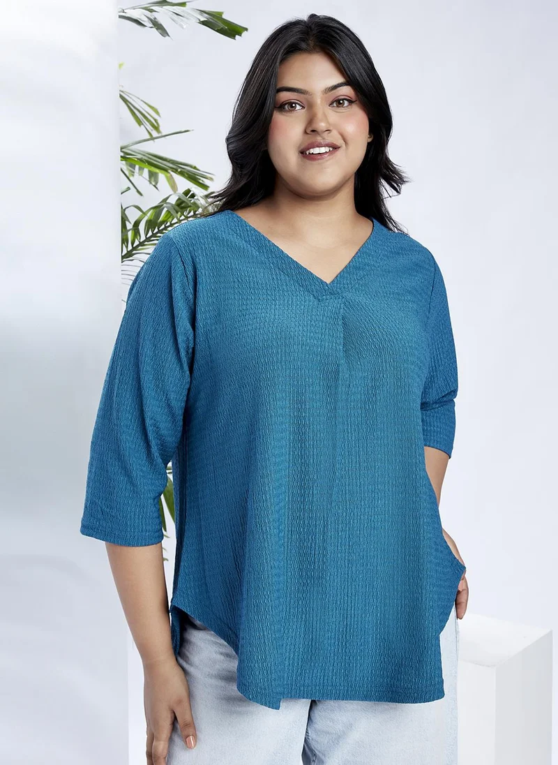 globus Globus Gloplus Women Blue V-Neck Self Design Curved Hem Plus Size Workwear Top