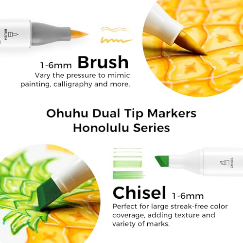 Ohuhu Alcohol Markers Brush Tip - AP Certificated Double Tipped Art Marker Set for Artist Adults Coloring Illustration- 72 Colors - Refillable - Chisel and Brush Dual Tips - Honolulu of Ohuhu Markers - Image 2