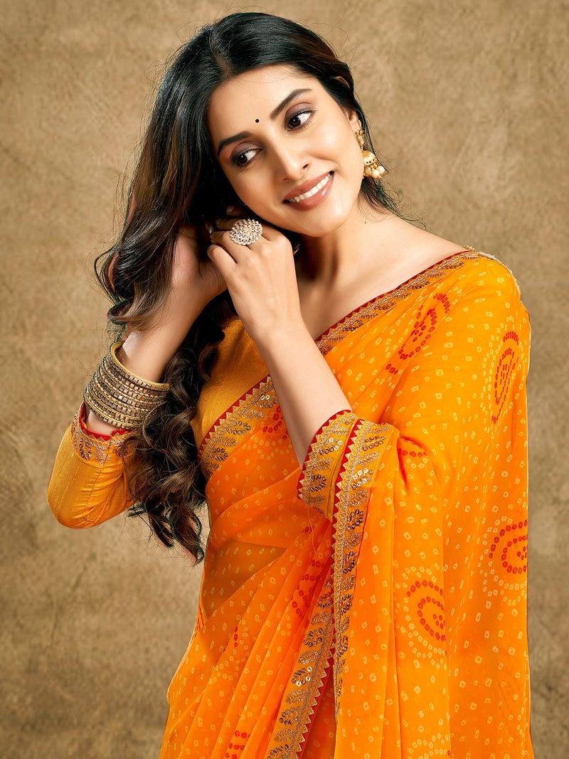 Satrani Women's Georgette Bandhani Printed Saree with Unstitched Blouse Piece (4010S261N_Yellow) - Image 4