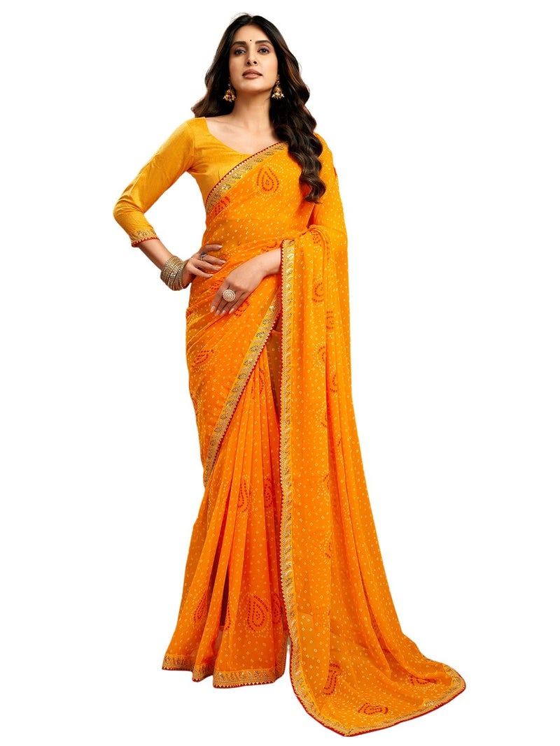 Satrani Women's Georgette Bandhani Printed Saree with Unstitched Blouse Piece (4010S261N_Yellow) - Image 1