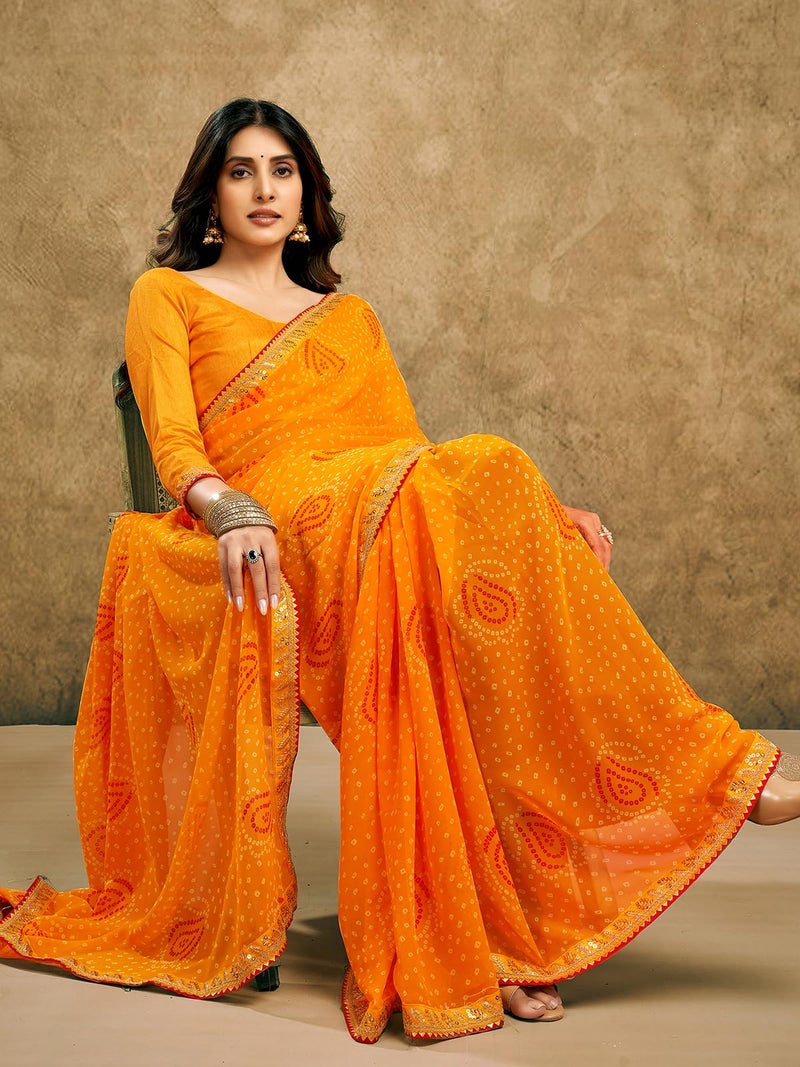 Satrani Women's Georgette Bandhani Printed Saree with Unstitched Blouse Piece (4010S261N_Yellow) - Image 3