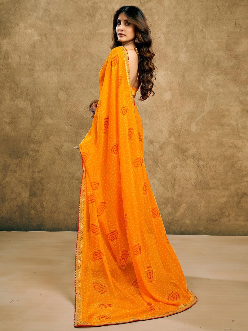 Satrani Women's Georgette Bandhani Printed Saree with Unstitched Blouse Piece (4010S261N_Yellow) - Image 2