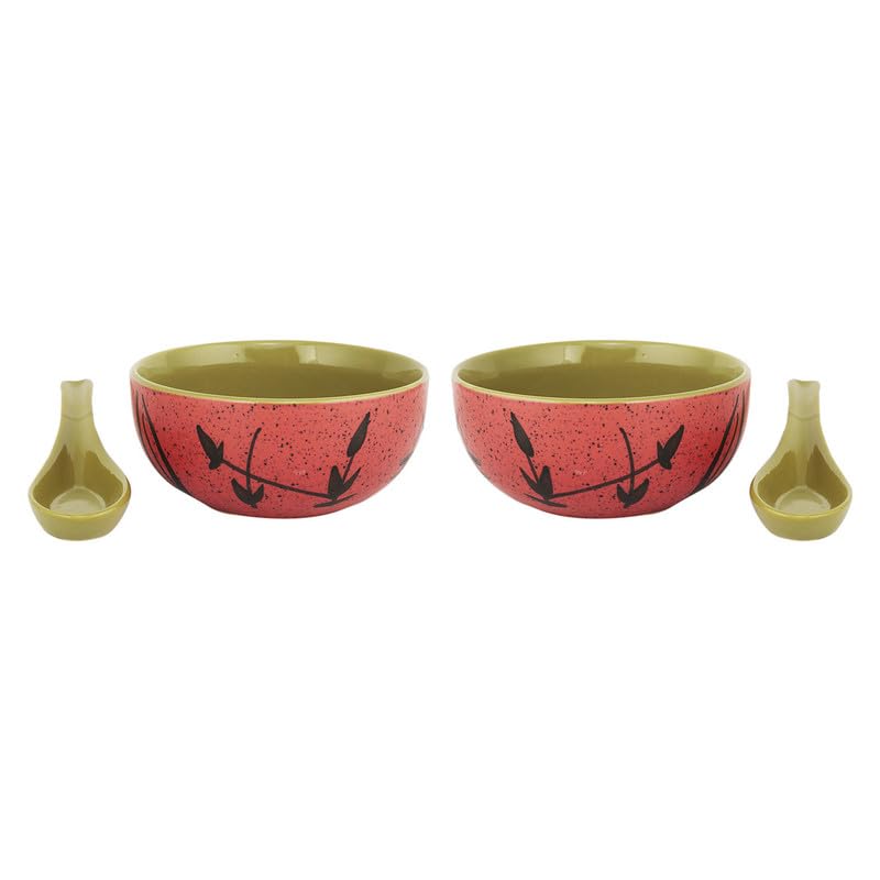 KITTENS Hand Painted in Speckled Ceramic Soup Bowl with Spoon Set of 2 Red - Image 2