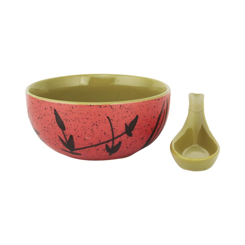 KITTENS Hand Painted in Speckled Ceramic Soup Bowl with Spoon Set of 2 Red - Image 3