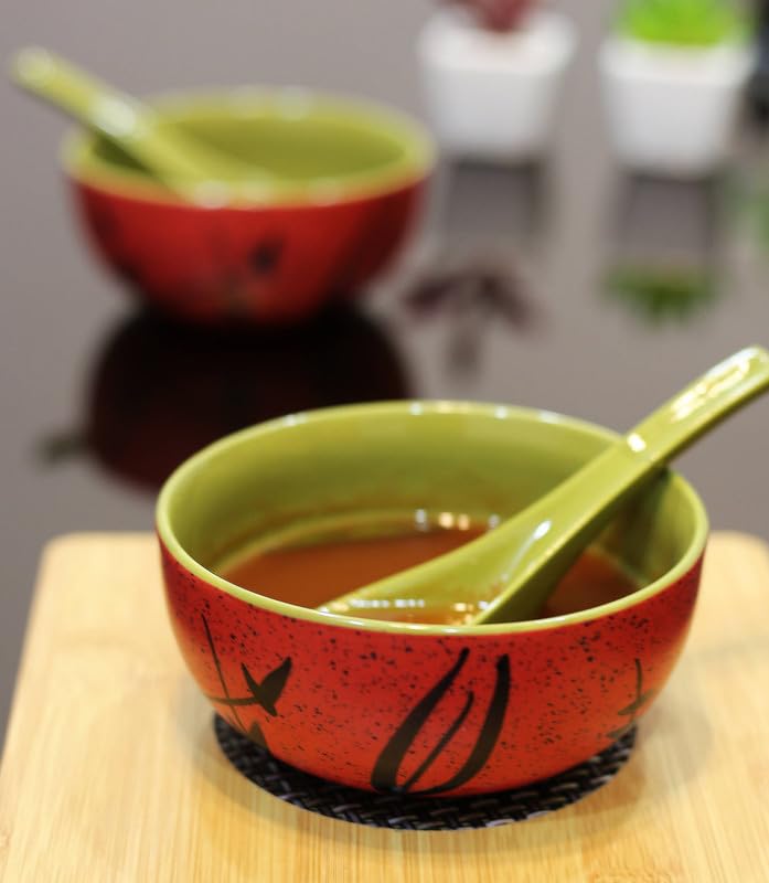KITTENS Hand Painted in Speckled Ceramic Soup Bowl with Spoon Set of 2 Red - Image 1