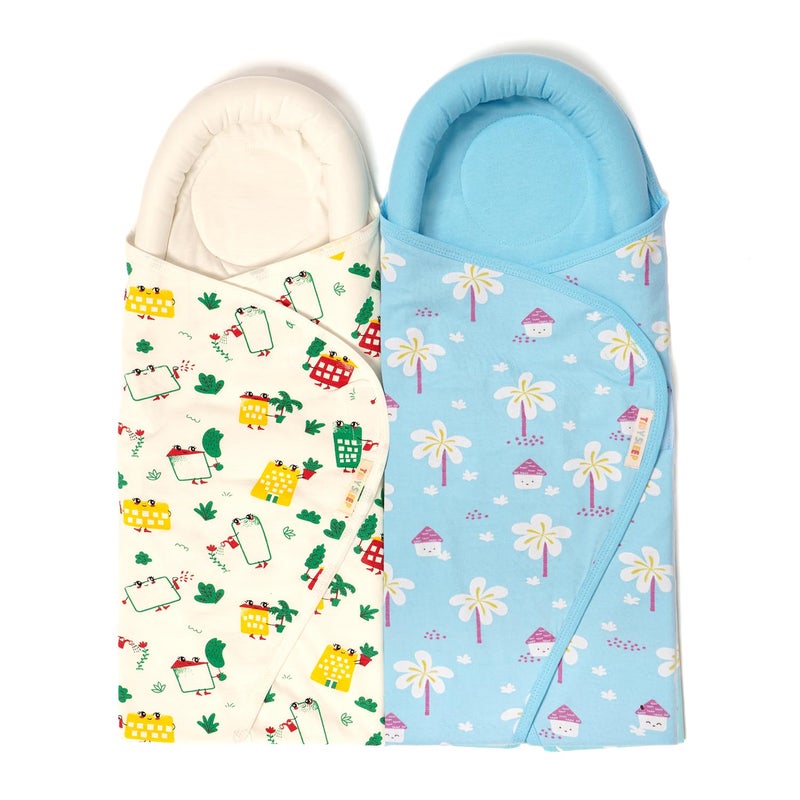 TIDY SLEEP Baby Pod Swaddle Wrap for Newborn, Snuggle Pod with U Shape Ring Head Protection Support | Baby Snuggle Pod Swaddle Wrapper | Pack of 2 (0-3 Months) (White Wild City & Blue Farmland) - Image 1