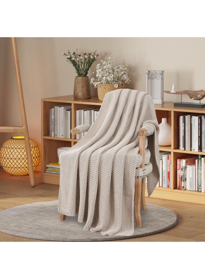 Arabest 127 * 152cm Cotton Large Throw Blankets for Couch - Waffle Weave Light Beige Cotton Throw Blankets for Bed, Lightweight and Soft Spring Throw Blankets for Office, CLTB-03 - Image 1