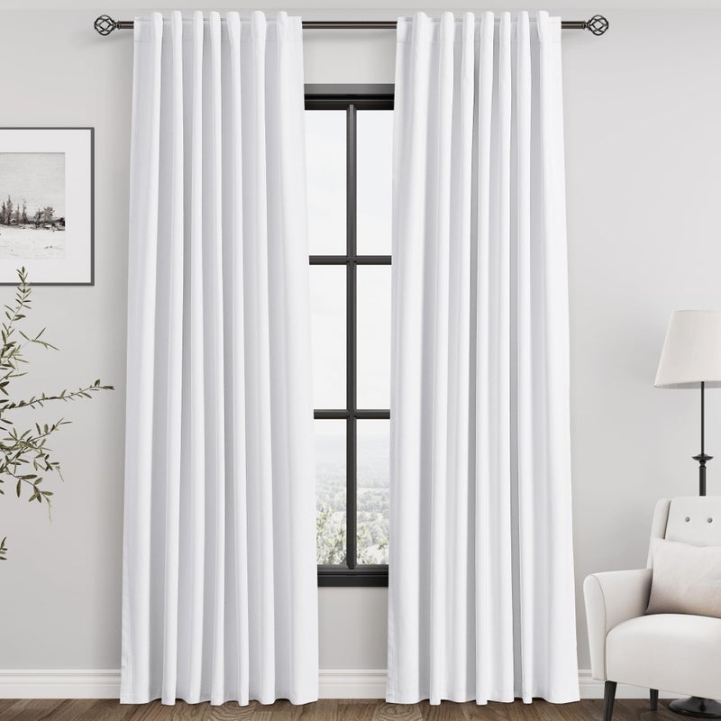 Nanspring White Linen Blackout Curtains 84 Inches Long 2 Panels for Living Room Back Tab Modern Cotton Textured Pure White Black Out Curtains Heating Blocking Linen Curtain Panels for Bedroom Nursery Kids