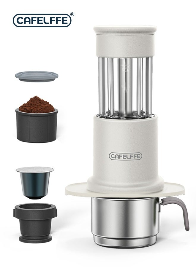 Cafelffe Portable Coffee Machine 2 In 1 Small Travel Manual Capsule Coffee Machine With Stainless Steel Coffee Cup For Nes Pod & Ground Coffee White  - Image 1