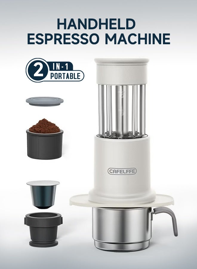 كافلف ماكينة صنع قهوة محمولة، ماكينة صنع قهوة كبسولات يدوية صغيرة 2 في 1 مع كوب قهوة من الفولاذ المقاوم للصدأ لكبسولات نسبرسو والقهوة المطحونة باللون الأبيض - Image 1