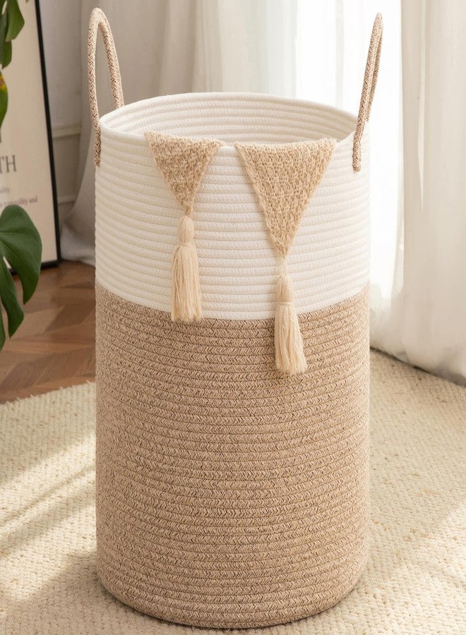 OIAHOMY Large Laundry Basket Hamper - 60L Cotton Rope Woven Basket for Blankets, Toys, Clothes - Tall Decorative Nursery Hamper with Long Handles, Brown/White - Image 1
