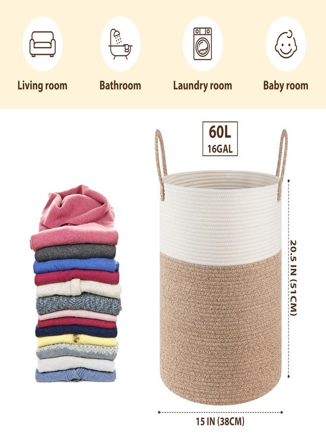 OIAHOMY Large Laundry Basket Hamper - 60L Cotton Rope Woven Basket for Blankets, Toys, Clothes - Tall Decorative Nursery Hamper with Long Handles, Brown/White - Image 2