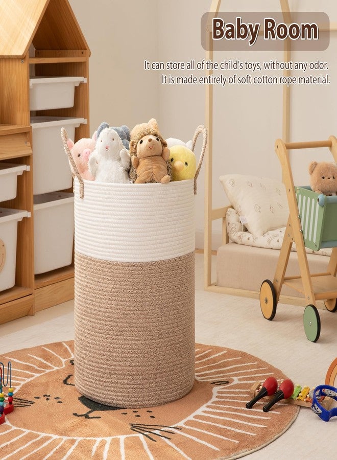 OIAHOMY Large Laundry Basket Hamper - 60L Cotton Rope Woven Basket for Blankets, Toys, Clothes - Tall Decorative Nursery Hamper with Long Handles, Brown/White - Image 3