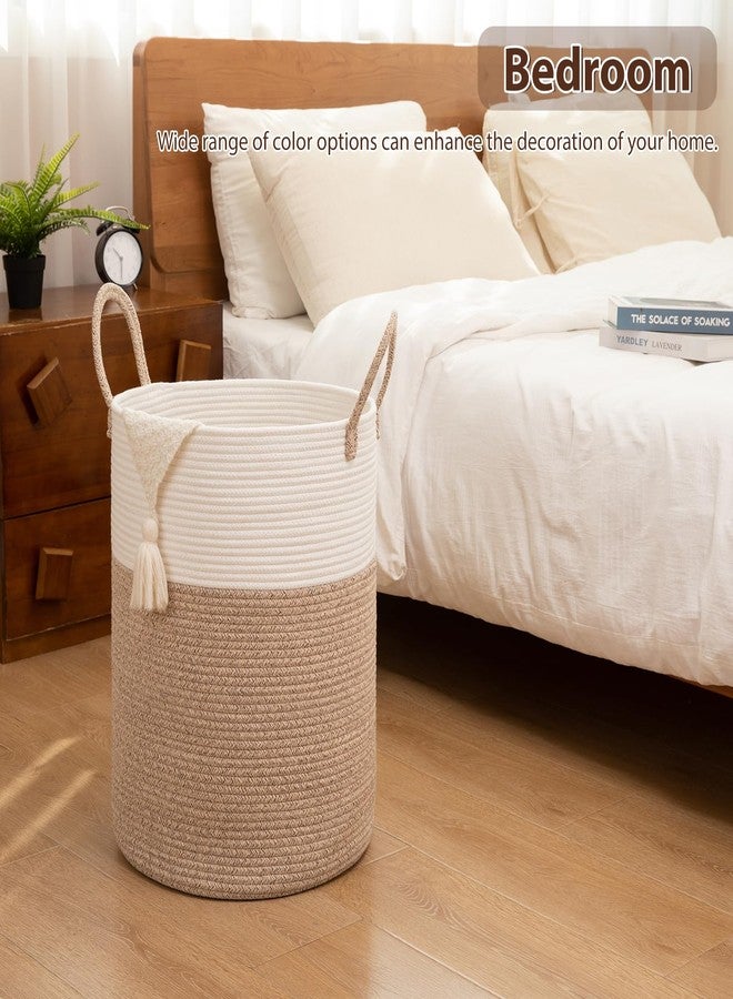 OIAHOMY Large Laundry Basket Hamper - 60L Cotton Rope Woven Basket for Blankets, Toys, Clothes - Tall Decorative Nursery Hamper with Long Handles, Brown/White - Image 5