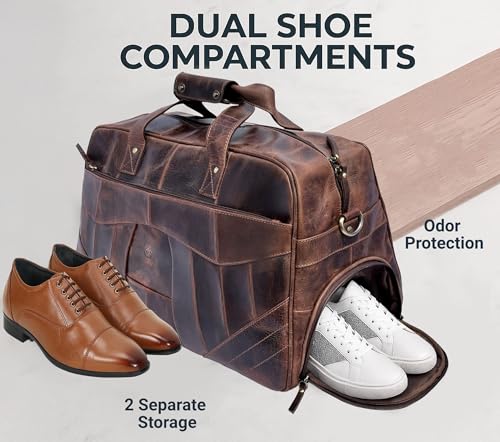 Rustic Town Leather Duffle Bag for Men Travel Overnight Weekender Bag with 2 Shoe Compartment Airplane Underseat Carry On Duffel Bag - Image 3