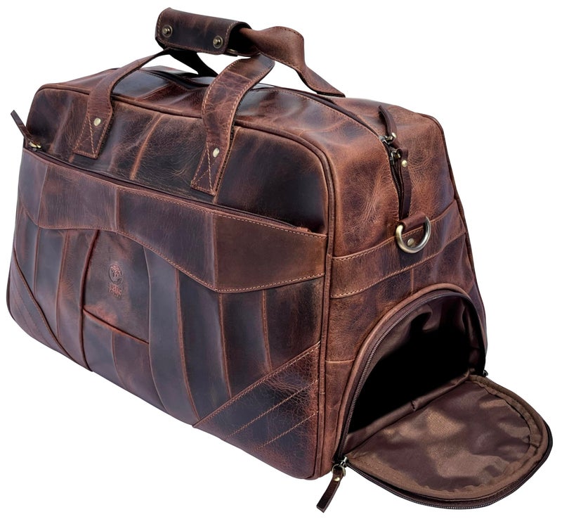 Rustic Town Leather Duffle Bag for Men Travel Overnight Weekender Bag with 2 Shoe Compartment Airplane Underseat Carry On Duffel Bag - Image 2