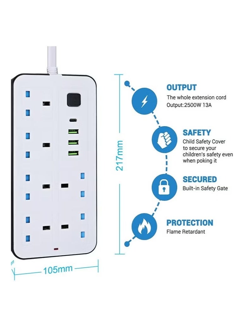 PowerMax Power Strip, Multi-function Power Socket, 6-Port Splitter with 3 USB Ports and 1 USB-C Port with Ultra-Fast PD Technology, Multi-Port Socket Suitable for All Devices, Extra Long 5 Meters MX105 - Image 3