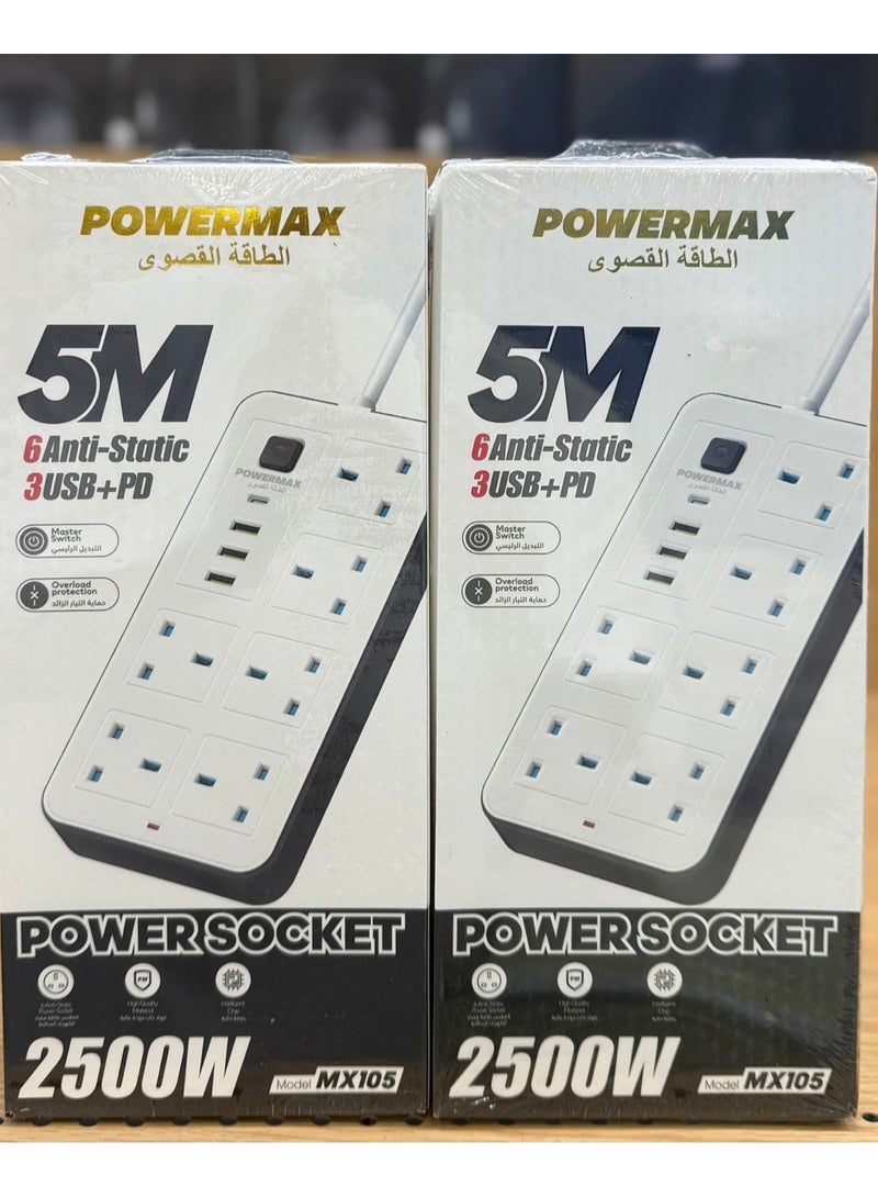 PowerMax Power Strip, Multi-function Power Socket, 6-Port Splitter with 3 USB Ports and 1 USB-C Port with Ultra-Fast PD Technology, Multi-Port Socket Suitable for All Devices, Extra Long 5 Meters MX105 - Image 1