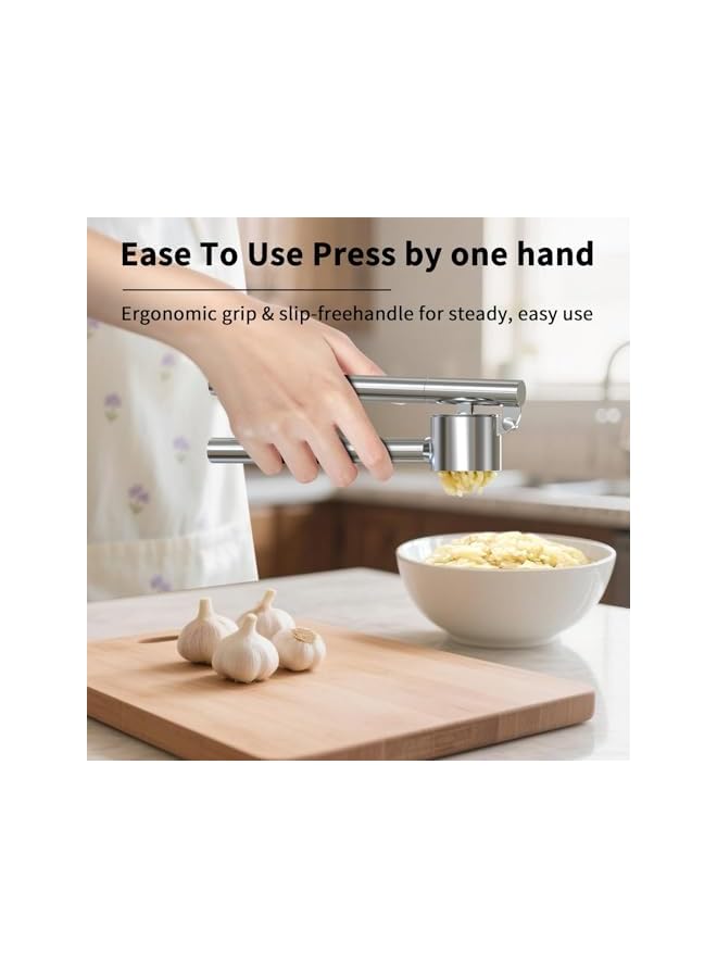S-TOP Kitchen Garlic Press Stainless Steel, Premium Rust Proof & Dishwasher Safe Garlic Mincer, Durable Garlic Crusher Set with Peeler＆Brush, Easy to Clean and Squeeze, Matte - Image 4